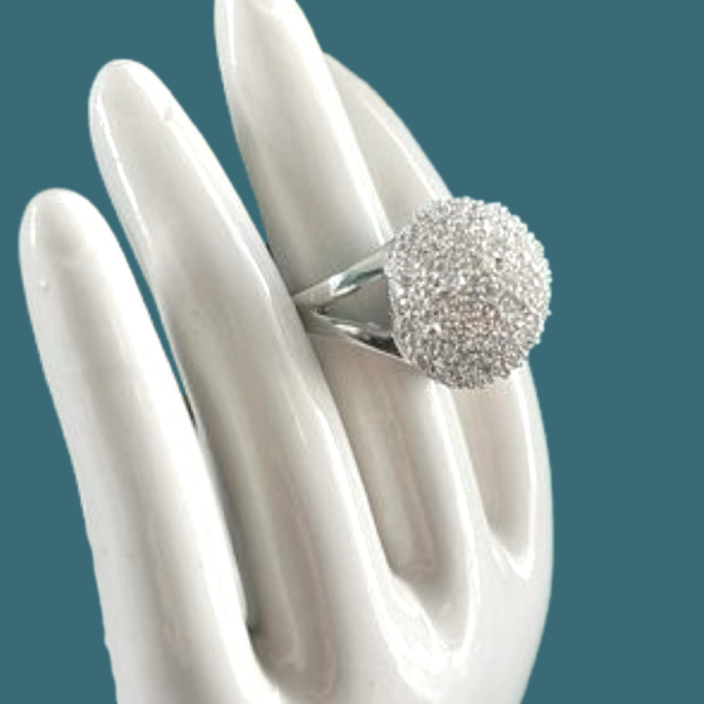 Pave Dome Ring Size 6 Silver Tone Statement Cocktail Ring Disco Fabulous Prom